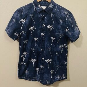 American Eagle Hawaiian Shirt 100% Cotton Palm Tree Dark Blue Resort Cruise Sz M